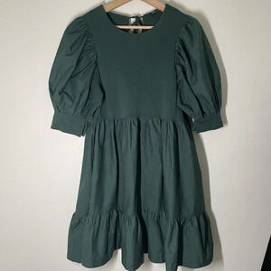 Zara Womens Mini Dress Babydoll Tiered Loose Fitting Green Small Cotton Casual